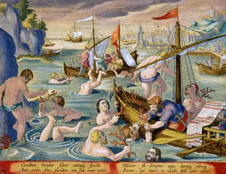 Mergulho para Coral, prato 92 de &39;Venationes Ferarum, Avium, Piscium&39; (De Caça: Animais Selvagens, Pássaros, Peixes) gravado por Jan Collaert (1566-1628) publicado por Phillipus Gallaeus de Amsterdam (colo à mão